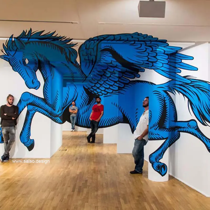 blue horse anamorphic 3d painting on walls