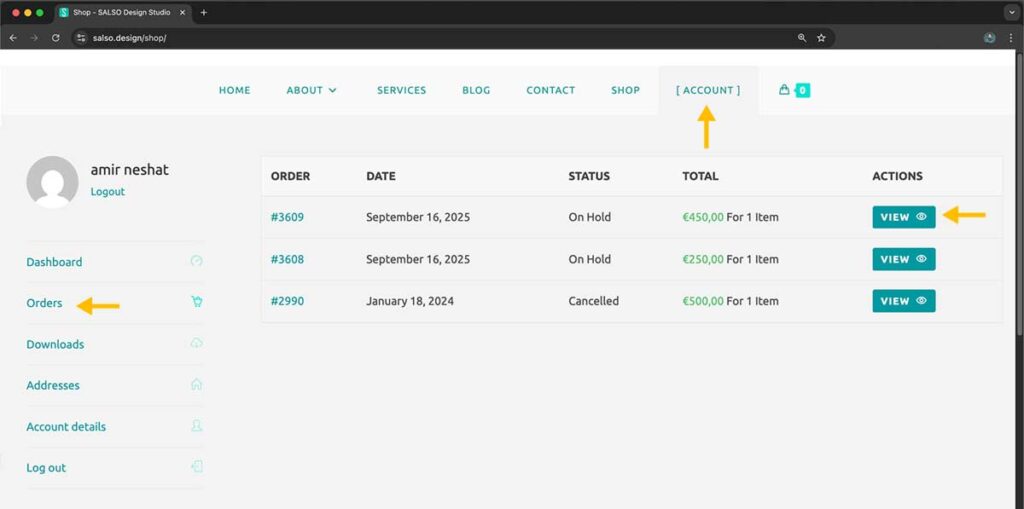 trach the order in the account page