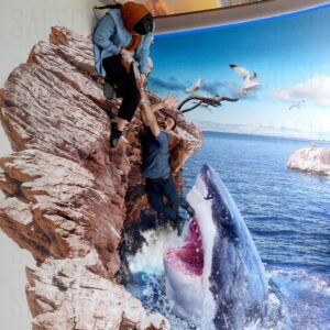 3D mural of a shark attack in a valley on three surfaces