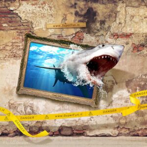 shark comes out of the painting canvas 3d mural – 3d wall poster [customizable text]