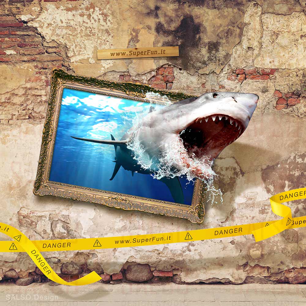 shark comes out of the painting canvas 3d mural