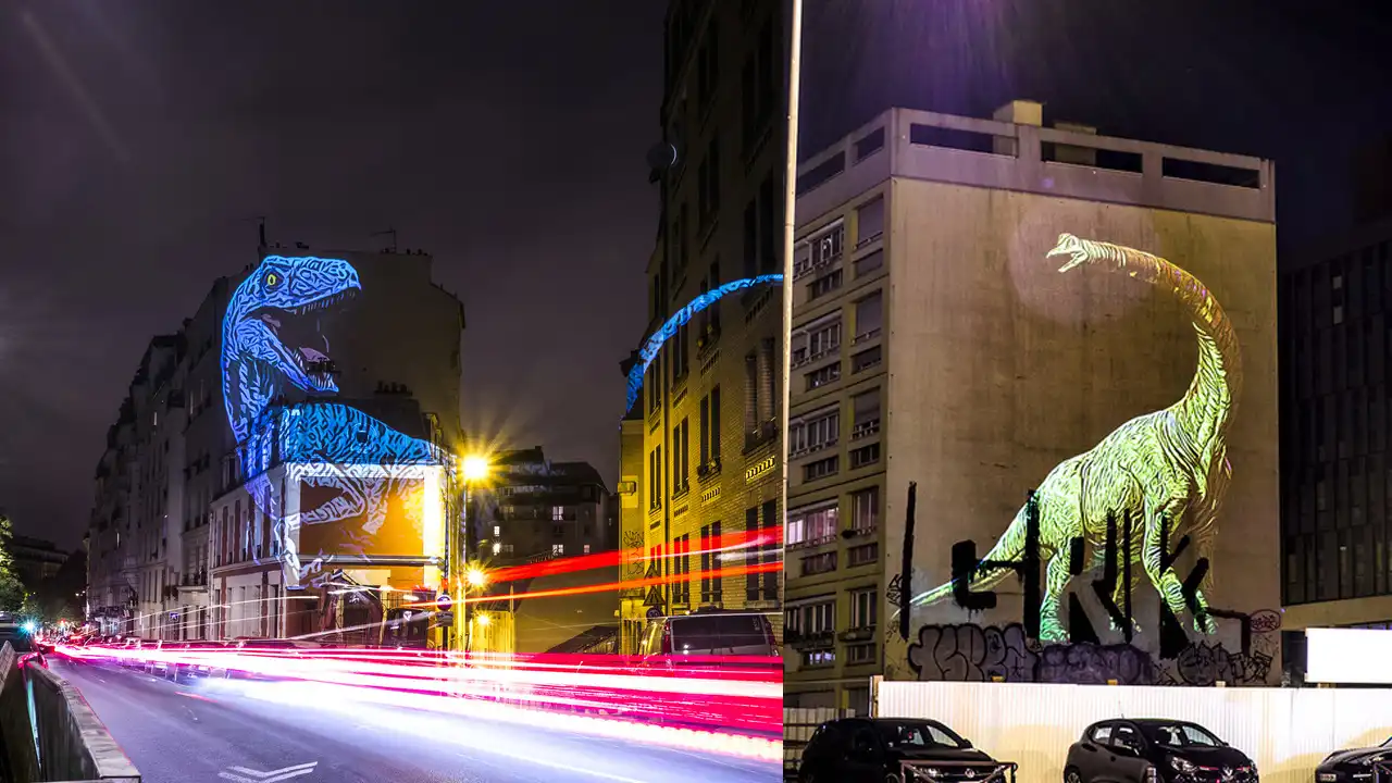 Video mapping on buildings causes excitement as dinosaurs appear on the streets of Paris. Artwork from Julien Nonnon