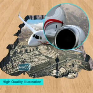 Airplane comes out of big hole top a city 3D floor sticker [cutomizable text]