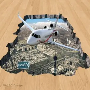 Airplane comes out of big hole top a city 3D floor sticker [cutomizable text]