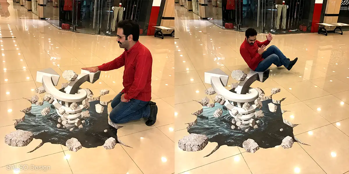 Giant 3D arrows burst through the cracks, turning your floor into an unforgettable optical illusion