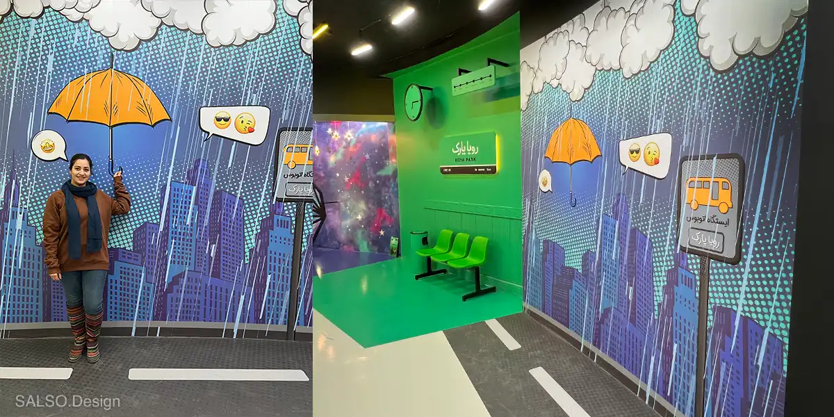 This interactive cartoon-style bus station, complete with wall and floor design, makes every selfie a playful, immersive experience.