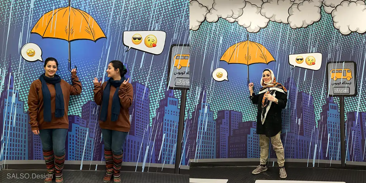 This interactive cartoon-style bus station backdrop with a matching floor pattern turns every selfie into a fun, animated moment