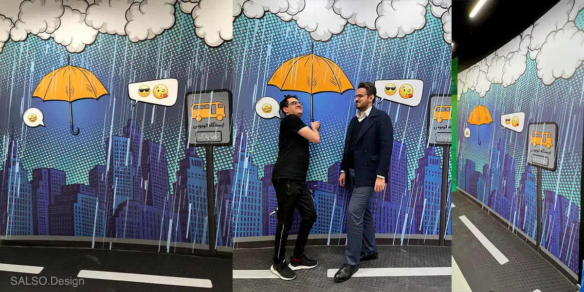 An interactive cartoon-style bus station backdrop with matching floor design. perfect for creative selfies and playful photos!