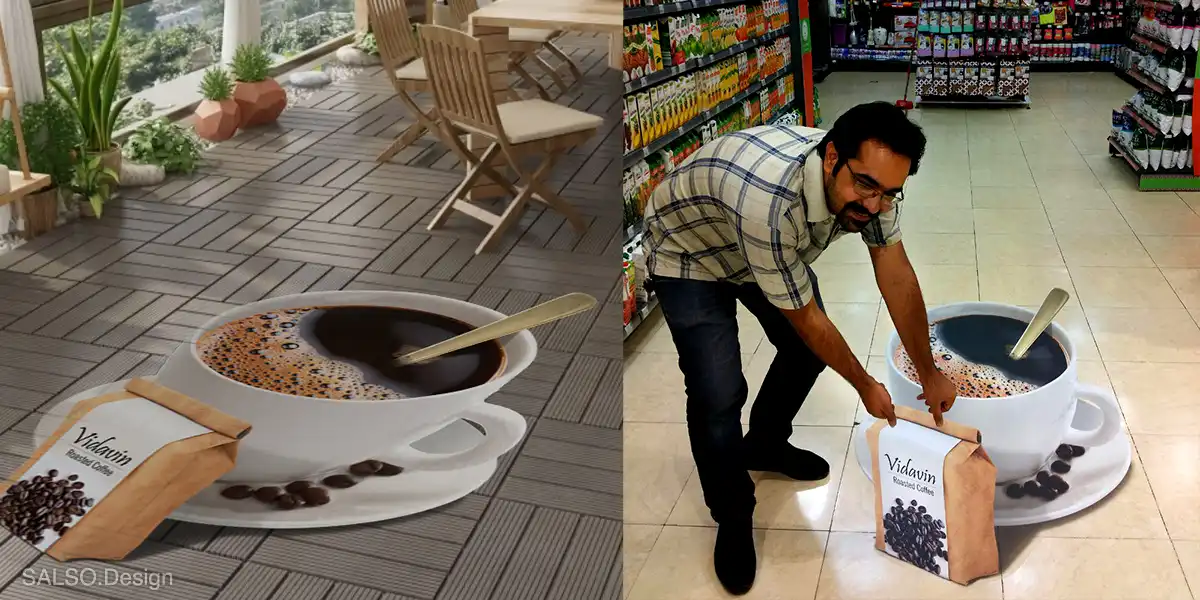 This 3D floor sticker features a steaming cup of coffee beside a coffee bag. so real you can almost smell it