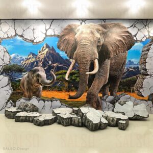 Elephant comes out of broken mural / 3D wall poster + real 3D Object prop