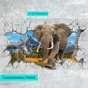 Elephant comes out of broken mural / 3D wall poster + real 3D Object prop
