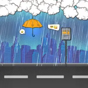 interactive cartoon style bus station selfie background – wall poster and floor pattern