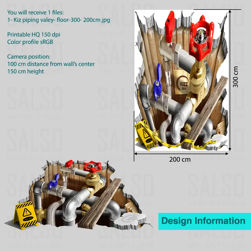 Pipes and valves inside massive hole 3D floor sticker