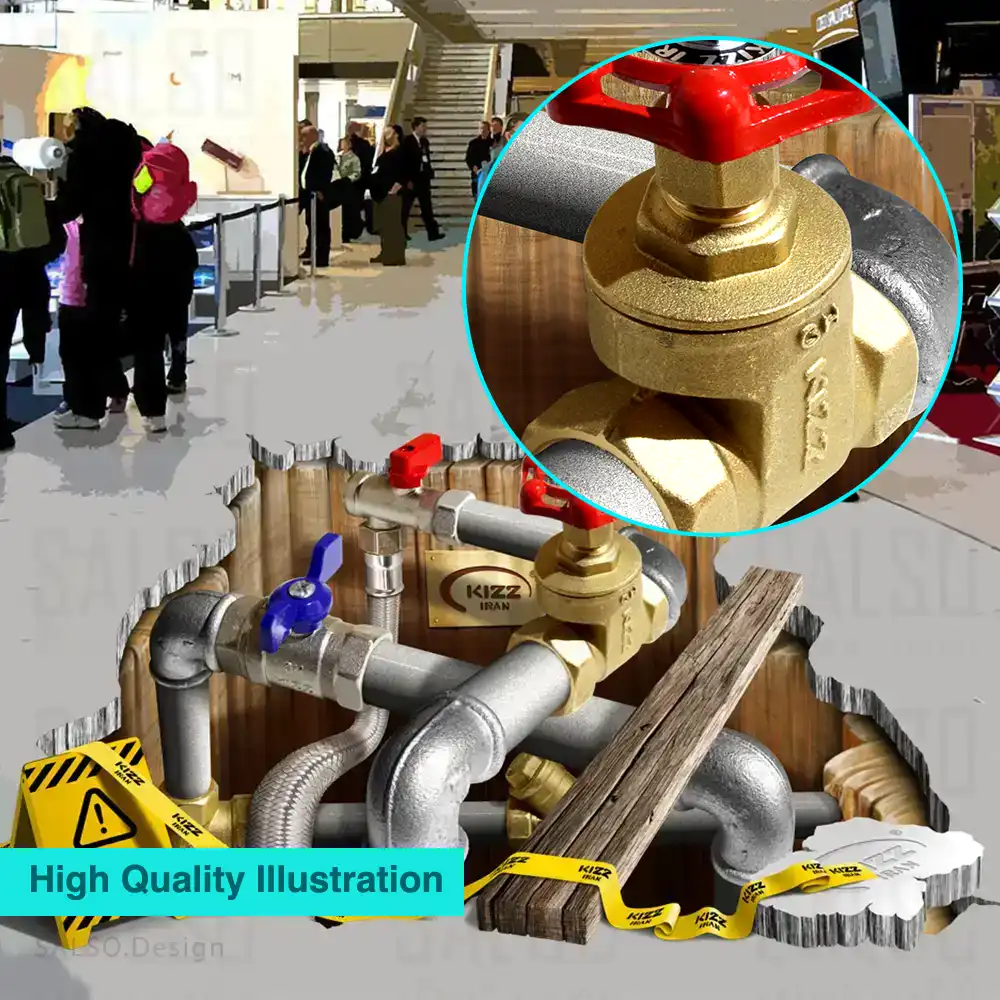 Pipes and valves inside massive hole 3D floor sticker