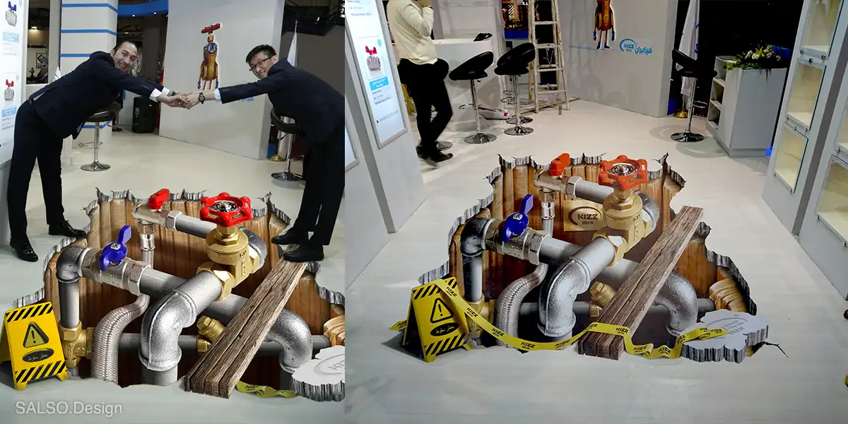 This 3D floor sticker shows a massive hole with intricate pipes and valves, turning your floor into a bold and immersive industrial scene