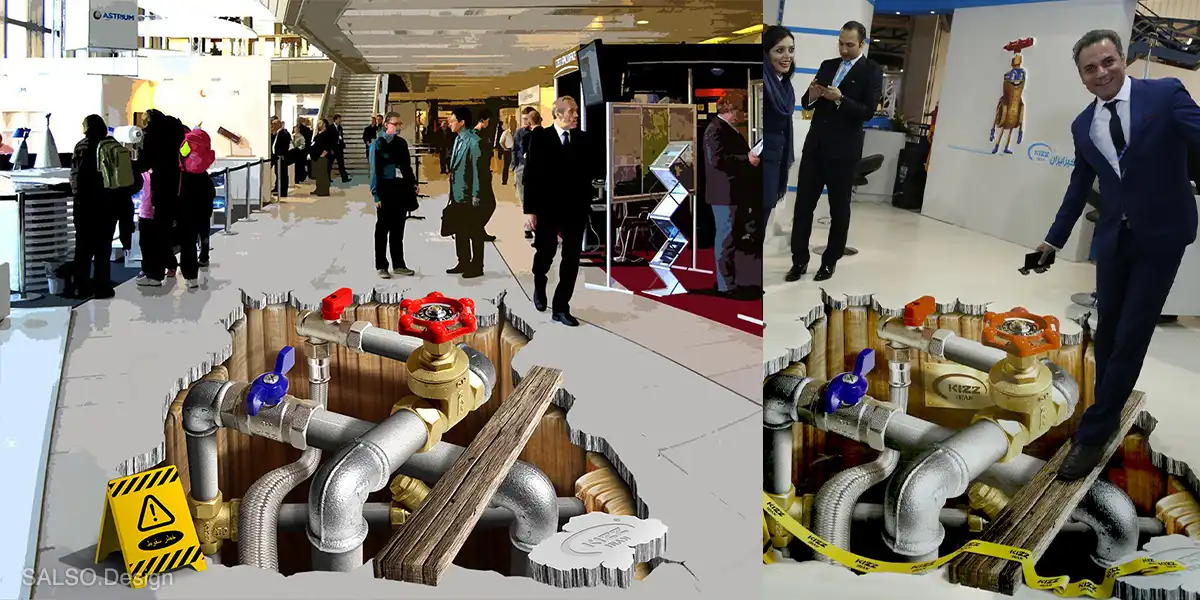 This 3D floor sticker reveals a massive hole filled with pipes and valves, creating a striking industrial illusion right beneath your feet