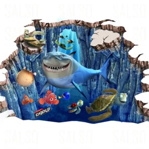 Nemo and his friends, shark and turtles in a ocean cave 3D floor sticker