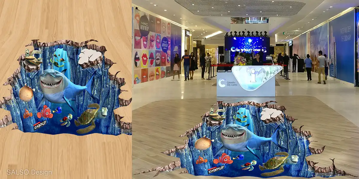 This 3D floor sticker brings Nemo, his friends, sharks, and turtles to life inside an ocean cave, creating an immersive underwater world right beneath your feet