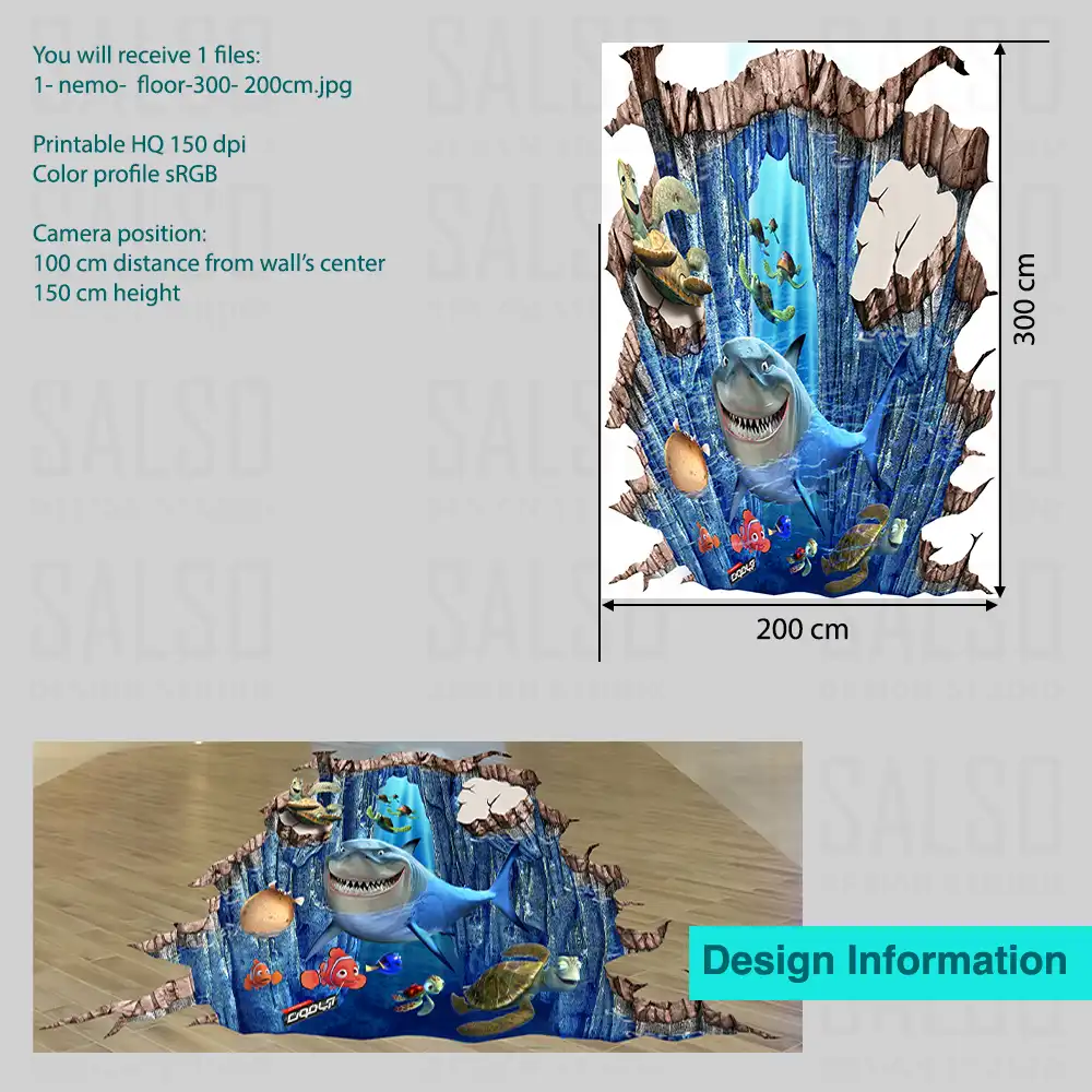 Nemo and his friends, shark and turtles in a ocean cave 3D floor sticker