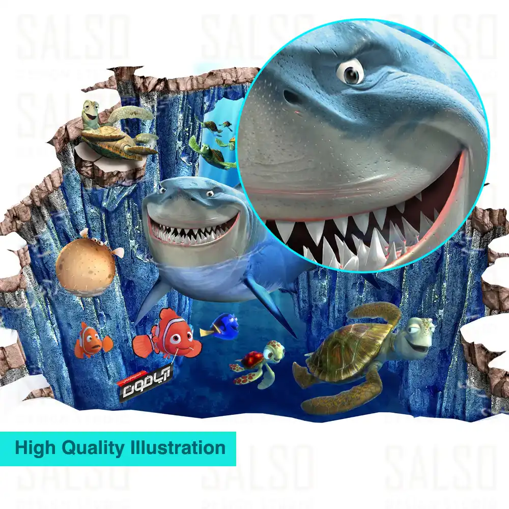 Nemo and his friends, shark and turtles in a ocean cave 3D floor sticker