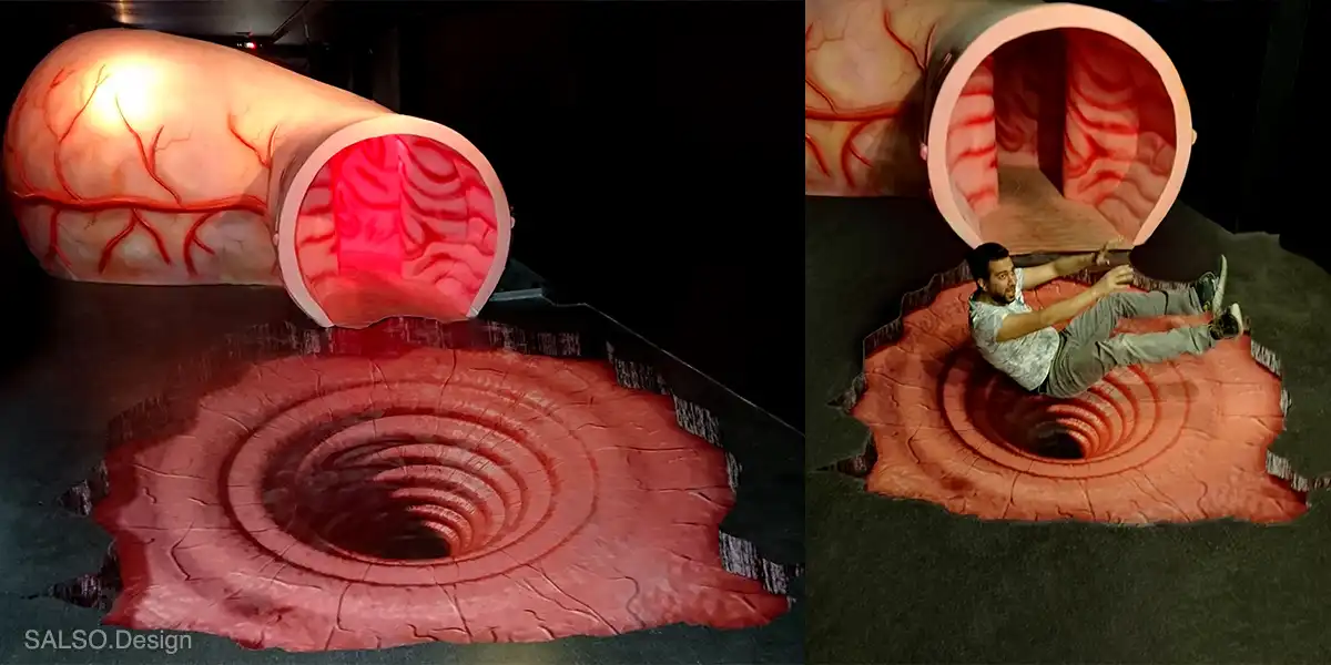 This 3D floor sticker reveals a creepy, biological pink hole that looks like it’s opening right beneath your feet.