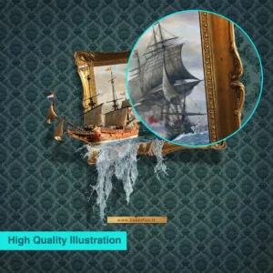 3D Ship comes out of the painting canvas mural – 3d wall poster [customizable text]