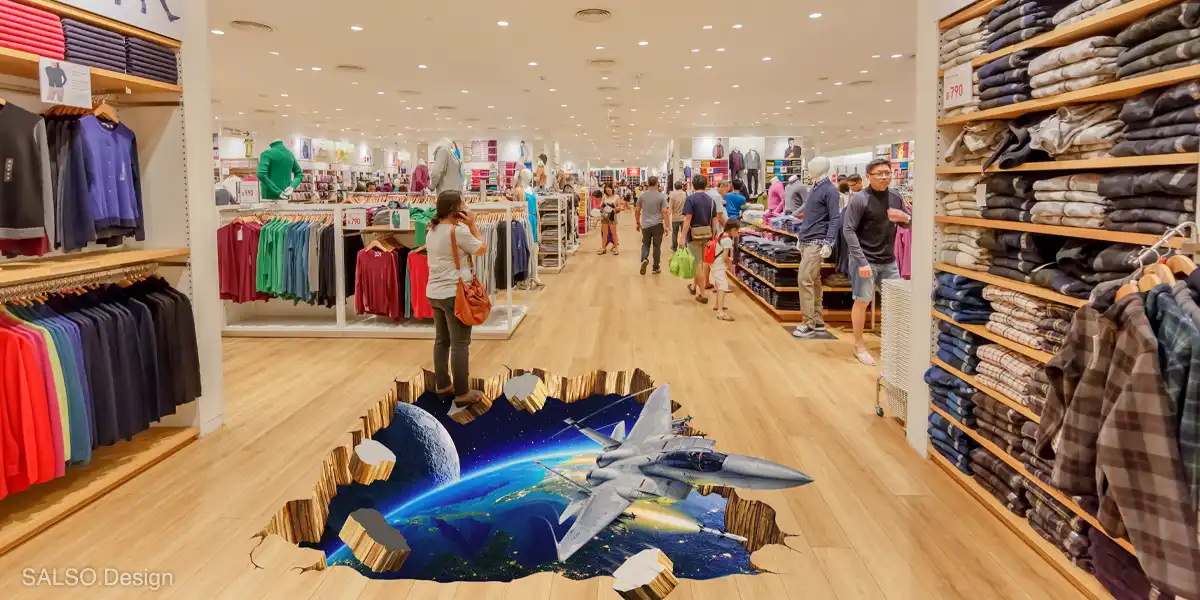 This 3D floor sticker makes it look like a sky attack aircraft is emerging from a galaxy portal, creating a thrilling and immersive experience beneath your feet.