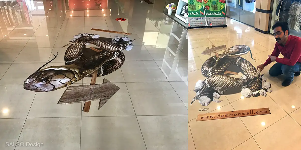 This 3D floor sticker shows a boa snake slithering out of a cracked ground. so real it’ll make you jump!